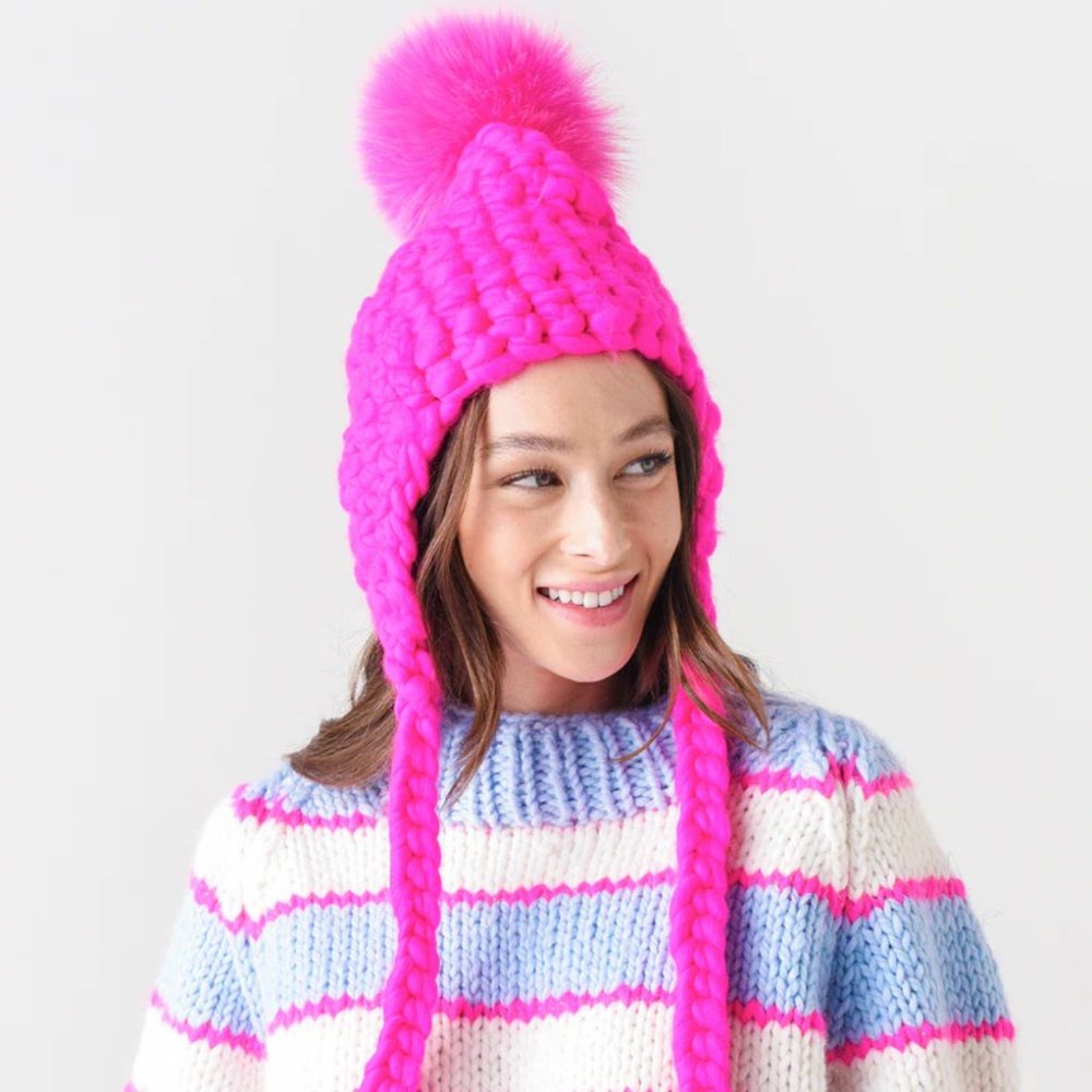 Mischa Lampert Merino Wool Trapper hat hand knit Beanie Magenta Pink NWT